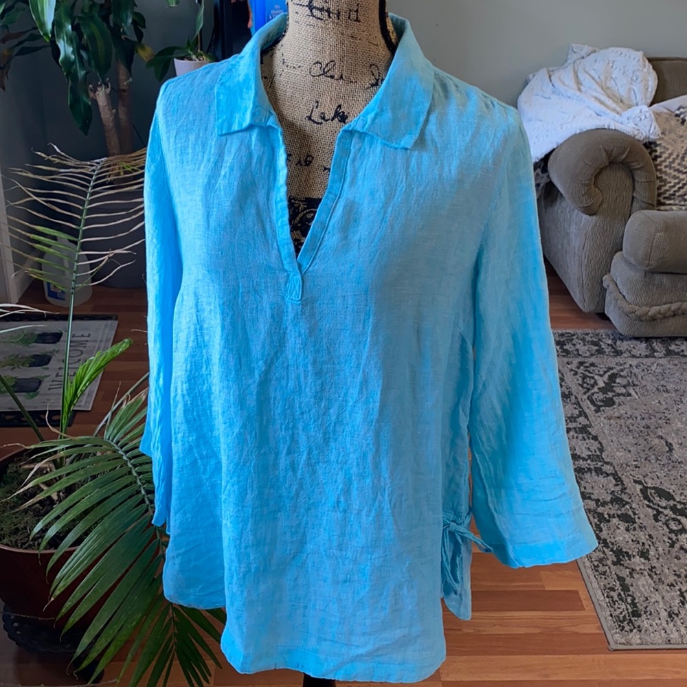 Sigrid Olsen Turquoise Linen Top - image 1